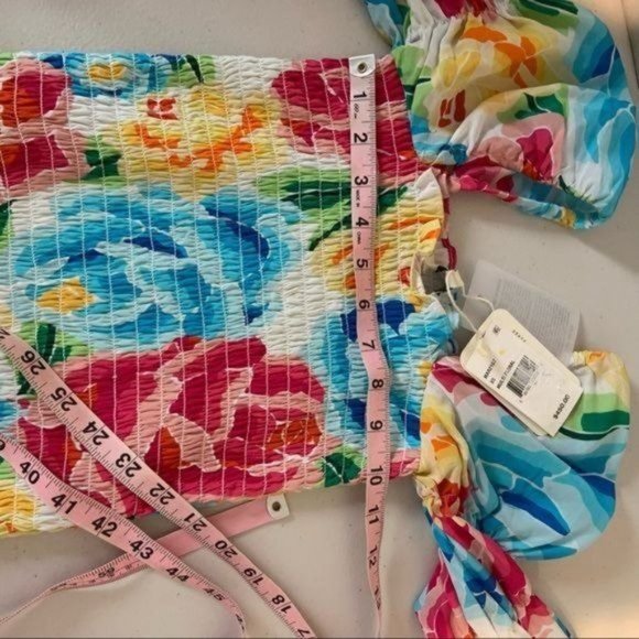 ALL THINGS MOCHI MARIANA FLORAL SHIRRED SILK RUFFLE PUFF 3/4 SLEEVE BODYCON DRES - Picture 9 of 9